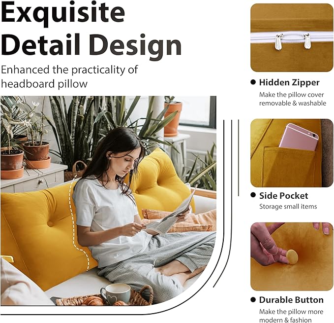 Bed Wedge Headboard Pillow - College Dorm Reading Pillow Back Support While Sitting in Bed - Ergonomic Lumbar Pillow Body Positioning Bed Pillow - Velvet Golden Yellow 39IN