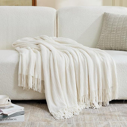 inhand Throw Blanket for Couch Bed,Chunky Chenille Woven Soft Blankets with Tassels,Cozy Boho Farmhouse Fall Winter Decor,Warm for Women,50"x60",Medium Thick-Off White