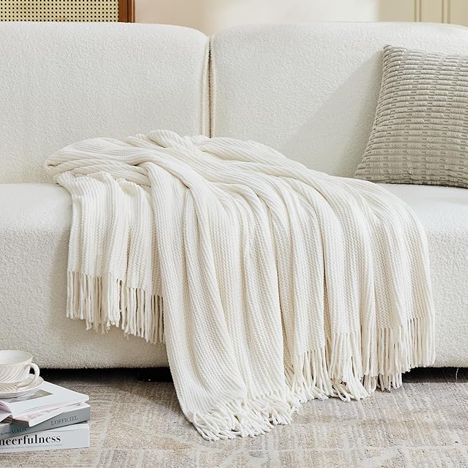 inhand Throw Blanket for Couch Bed,Chunky Chenille Woven Soft Blankets with Tassels, Cozy Boho Farmhouse Fall Winter Decor,Warm for Women,60"x80",Medium Thick-Off White