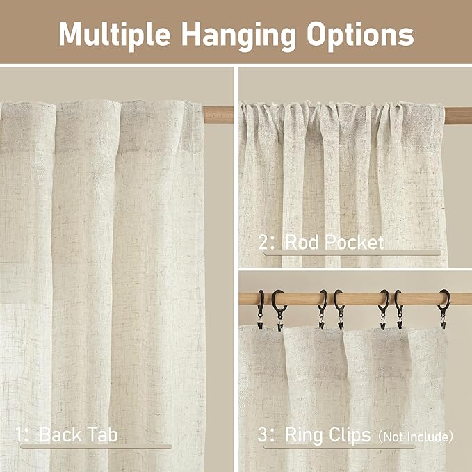 LAMIT Light Filtering Natural Linen Curtains 63 inches Long, Ivory Cream Linen Textured Semi Sheer Back Tab and Rod Pocket Boho Drapes for Bedroom/Living Room, 2 Panels, 70 x 63 Inch