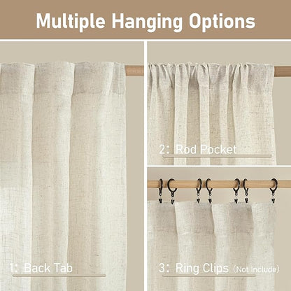 LAMIT Light Filtering Natural Linen Curtains 63 inches Long, Ivory Cream Linen Textured Semi Sheer Back Tab and Rod Pocket Boho Drapes for Bedroom/Living Room, 2 Panels, 70 x 63 Inch