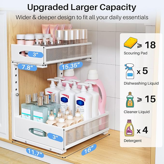 Under Sink Organizer, 2 Pack 2 Tier Pull Out Under Cabinet Organizer Shelf - Image 4