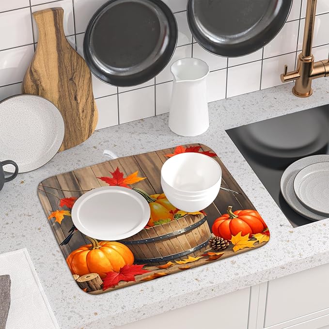 Fall Dish Drying Mat for Kitchen Counter 16x18 Autumn Pumpkin Birds Harvest - Image 6