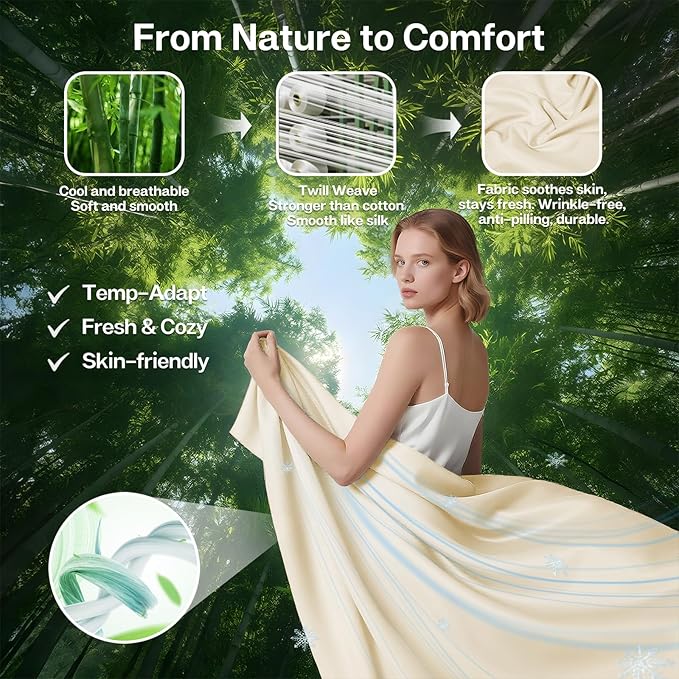 MR&HM Twin XL Fitted Sheet Only, Ultra-Soft Rayon Derived from Bamboo & Polyester Blend, Silky & Breathable, 15" Deep Pocket with Elastic Straps, Cooling Fitted Sheet for Hot Sleepers, Cream