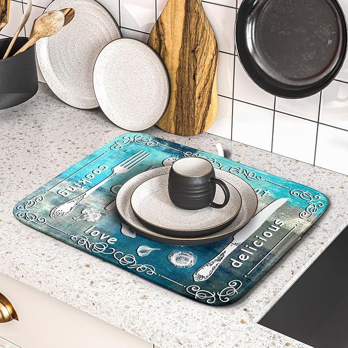 Blue Grey Dish Drying Mat 16x18 Inch Cooking Delicious Absorbent Drying Pad - Image 5