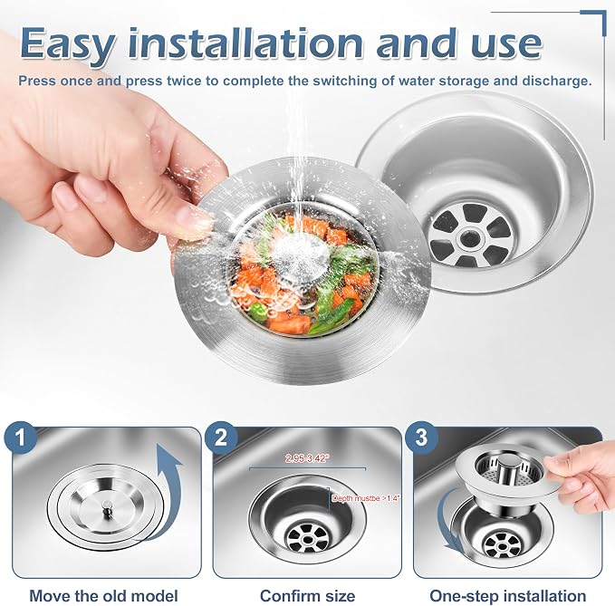 3 in 1 Kitchen Sink Drain Strainer ，304 Stainless Steel Kitchen Sink Stopper - Image 5