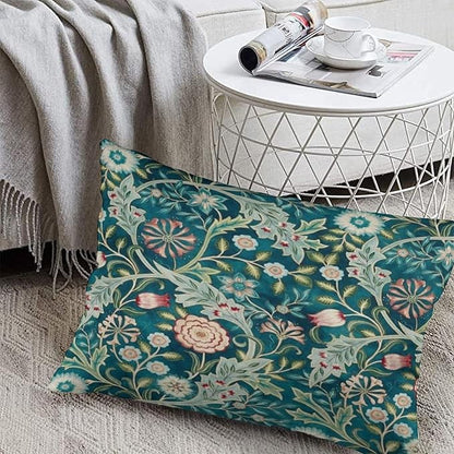 Teal Green Blue Vintage Floral Botanical William Morris Throw Pillow Covers 12x20 Inch Aesthetic Pillow Velvet Decorative Pillowcase Home Decor Living Room Cushion Case for Bed Sofa Couch