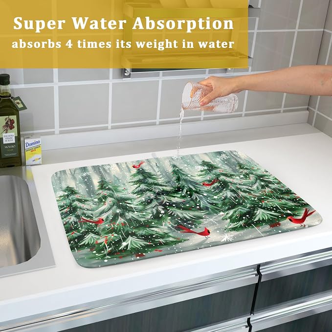 Winter Pine Tree Dish Drying Mat Red Bird Berry Dishes Drainer Mats Absorbent - Image 7