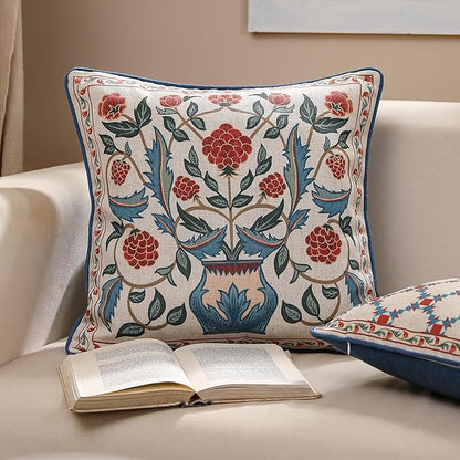 patdrea Designer Throw Pillow Covers,Square Brilliant Vintage Red Tropical Linen with Floral Pattern Pillow Cover,Decorative Pillowcases Cushion for Bed Living Room Outdoor Car,18"x18"