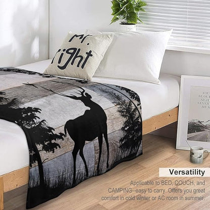 Rustic Deer Throw Blanket, Retro Cabin Farmhouse Country Lodge Blue Brown Wooden Board Wild Forest Animals Deer Bird Print Warm Cozy Blanket for Bed Couch Sofa Travel, 30"x40"