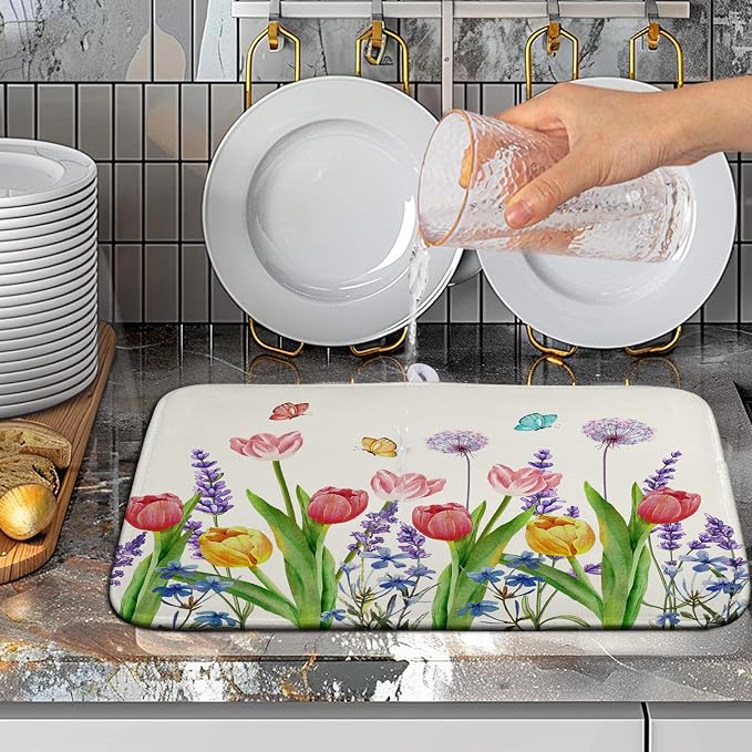 Spring Floral Dish Drying Mat Tulip Lavender Flower Dishes Pad Absorbent - Image 5