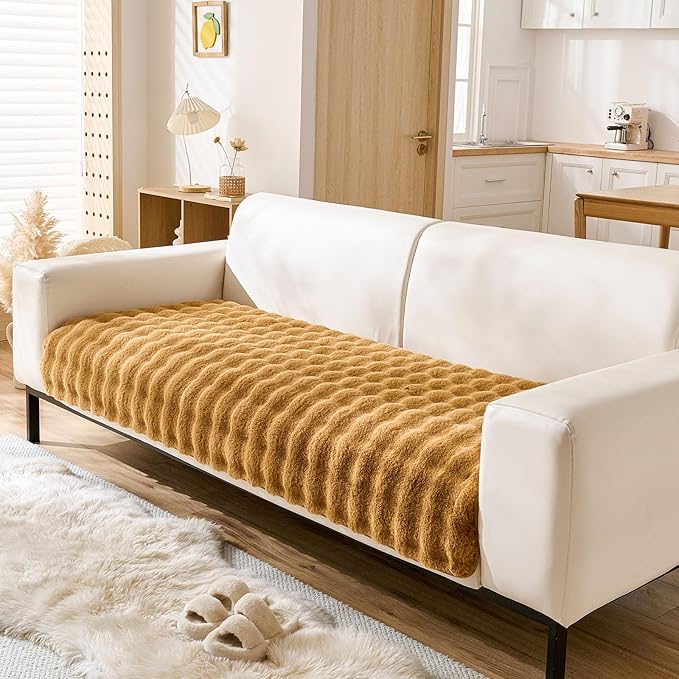 Faux Fur Couch Cover Fuzzy Soft Plush Thick Bubble Sofa Cover Luxury Sectional Couch Covers Luxury Anti-Slip Sofa Slipcover Washable Furniture Protector (Brown Yellow,28"x82")