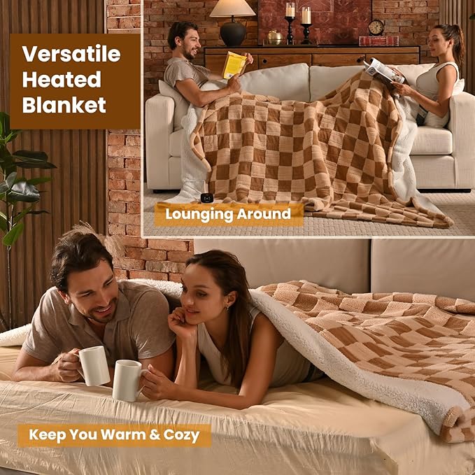 Bearhug Heated Blanket King Size 100" x 90" Dual Controller Electric Blanket, Reversible Brown Plaid Sherpa Heating Blanket, 10-Heat Levels & 1-12H Auto Off, ETL, Machine Washable