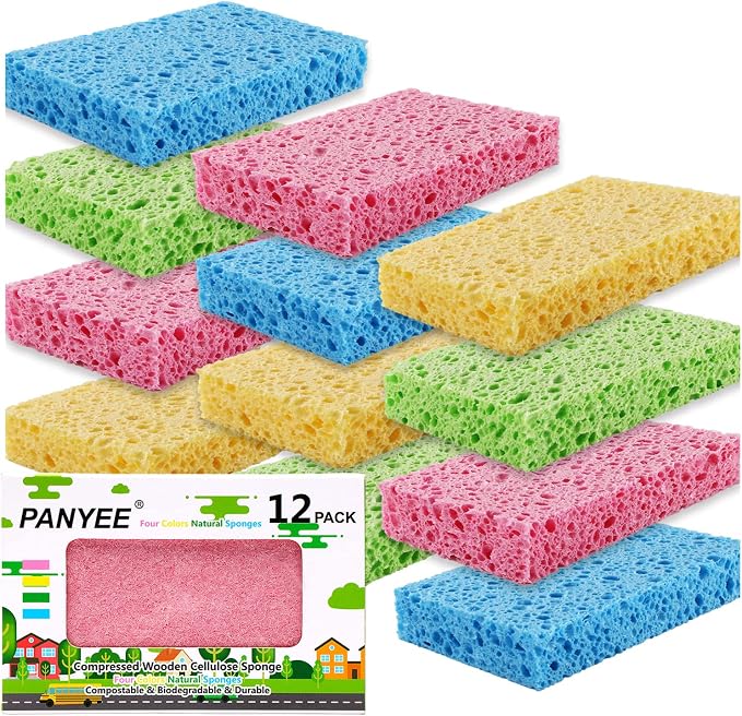Compressed Cellulose Kitchen Sponges 12Pack，Non-Scratch Biodegradable Natural by PANYEE
