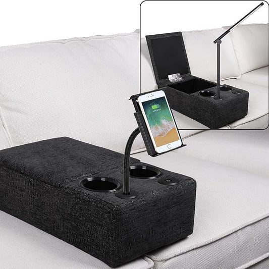Removable Sofa Armrest with Cup Holder, PU Leather Multifunctional Couch Caddy Storage Arm Rest with Power Wireless Charging Stand & LED Reading Light for Sofa Middle Seat Adjustable