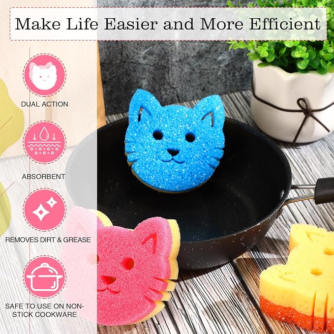 6 Pcs Cat Dual Sided Scrub Cleaning Sponges Cute Temperature Sensitive Dish - Image 4