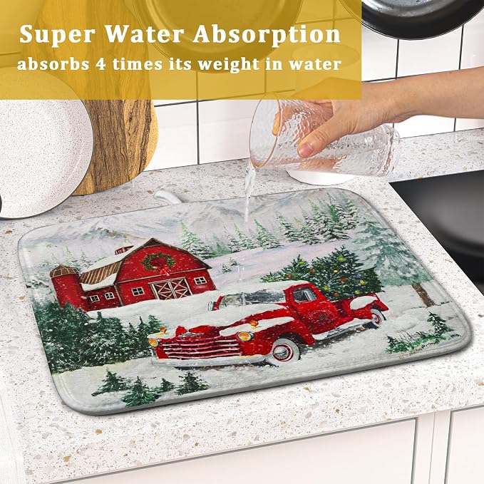 Winter Red Truck Dish Drying Mat Christmas Tree Dishes Pad 16x18 Inch Dish - Image 7