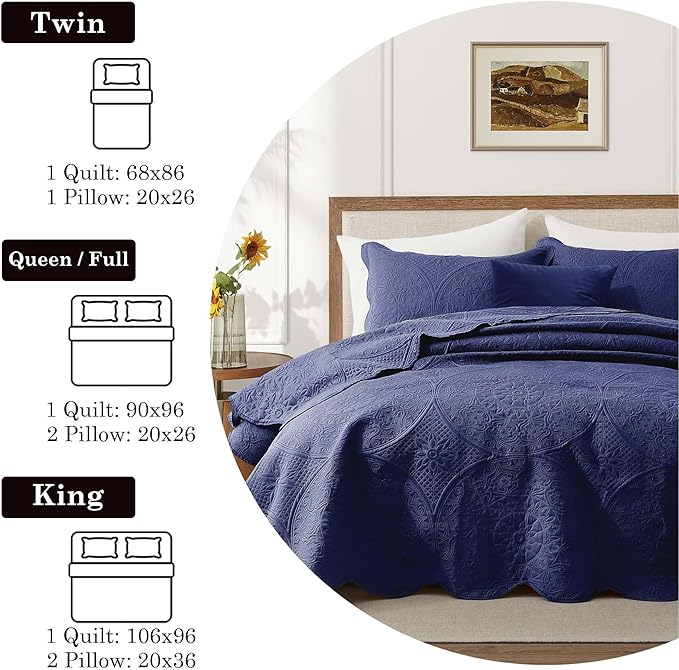 IR Imperial Rooms Twin Quilt Bedding Set Size (68” x 86”) + 1 Pillow Shams (20” x 26” + 2”) - 2 Pcs All Season Lightweight Reversible Microfiber Coverlet Floral Embossed Quilt Bedspread (Blue)