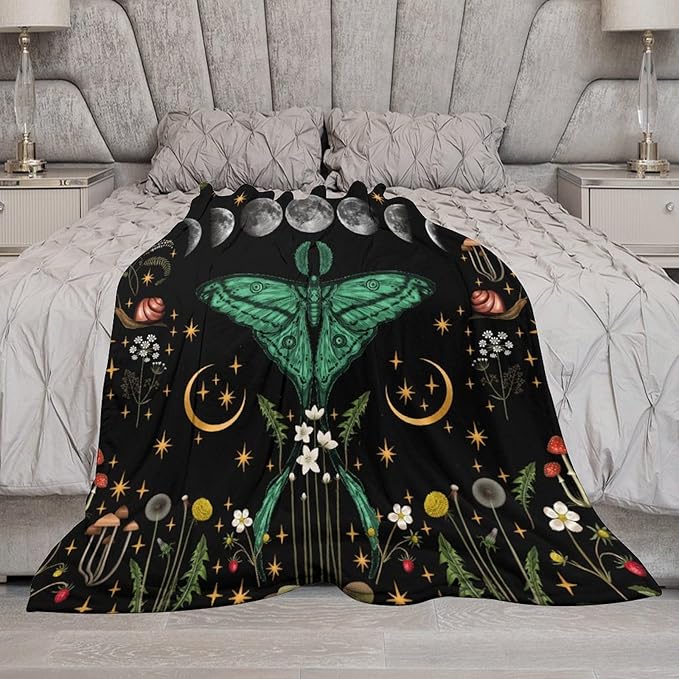 Moon Phase Moth Blanket, Vintage Botanical Mushroom Wildflower Gothic Night Moonlit Mysterious Witchy Throws Blanket for Sofa Bed Couch Chair, 40"x50"