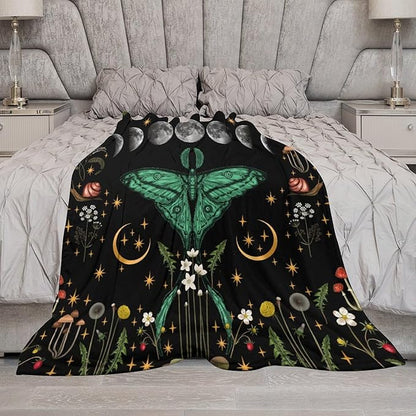 Moon Phase Moth Blanket, Vintage Botanical Mushroom Wildflower Gothic Night Moonlit Mysterious Witchy Throws Blanket for Sofa Bed Couch Chair, 40"x50"