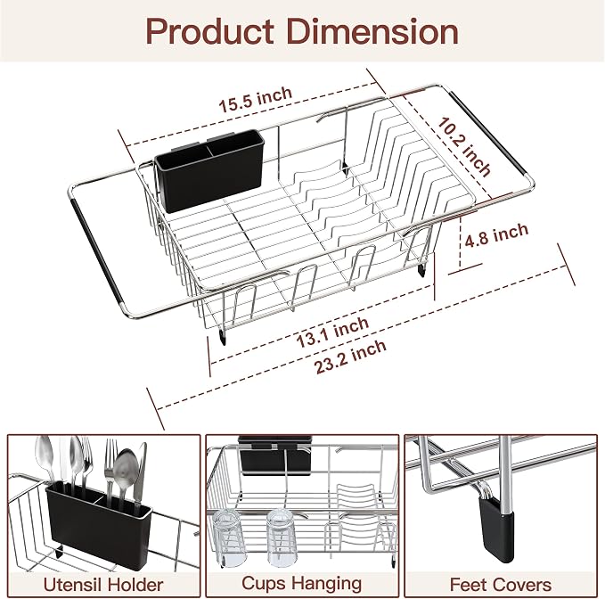 Over the Sink Expandable Dish Drainer Drying Rack In Stainless Steel - Image 7