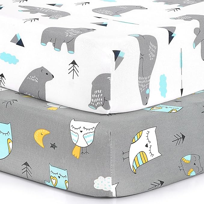 BROLEX Baby Fitted Crib Sheets: Kid Crib Sheets - Set of 2 for Toddler Standard Size Crib Mattress for Boys and Girls - Jersey Knit Crib Bed Sheets Owl Bear