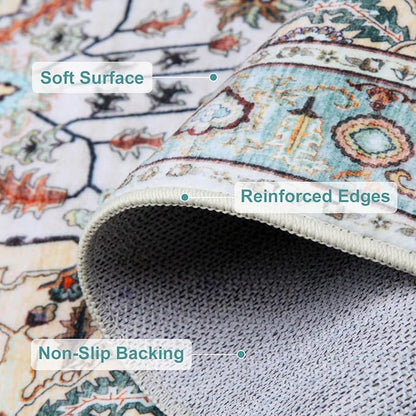 WILLSUN Washable Area Rugs, 8x10 Non-Slip Boho Large Area Rugs for Living Room, Bedroom, Machine Washable Vintage Rug, Indoor Floral Print Carpet for Home Decor, Kid & Pet Friendly Mat