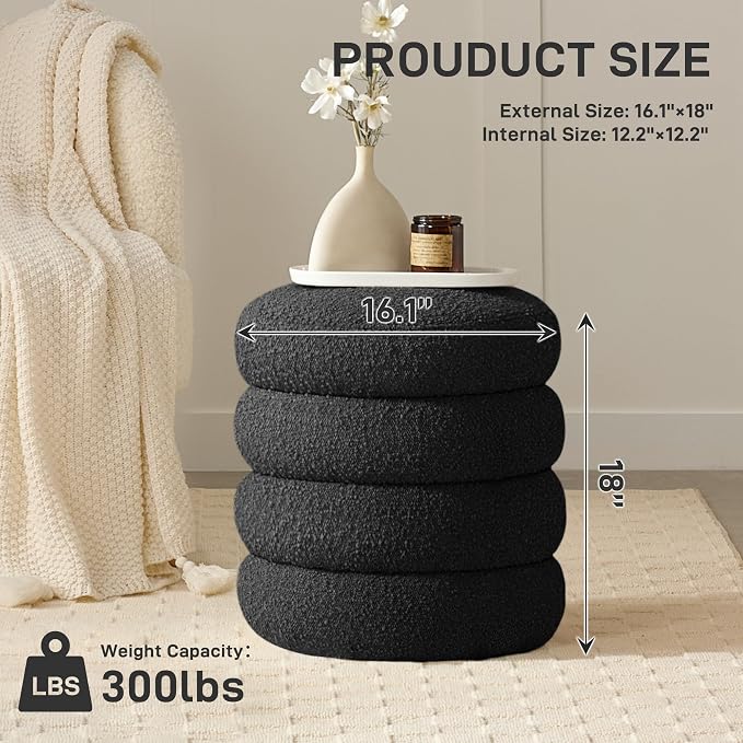 Round Ottoman with Storage Boucle Ottoman Stool with Storage Removable Lid - Image 3