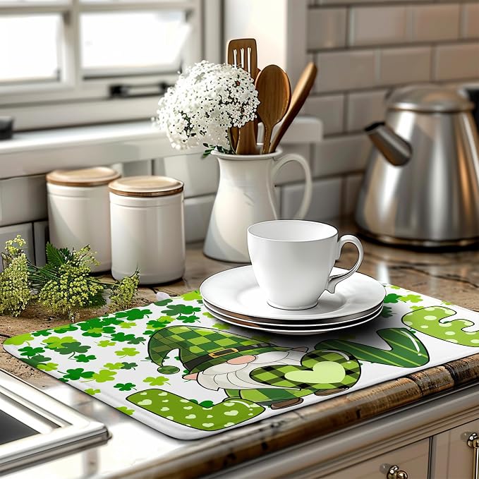 St Patrick's Day Gnomes Dish Drying Mat Shamrock Green Spring Kitchen Dish - Image 6
