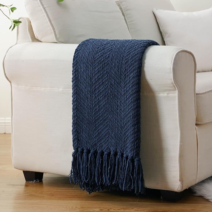 BATTILO HOME Navy Blue Throw Blanket for Couch, Super Soft Cozy Warm Dark Blue Throws for Twin Bed, Knit Woven Chenille Blanket Versatile for Sofa Bedroom Home Decor, 60"x80"