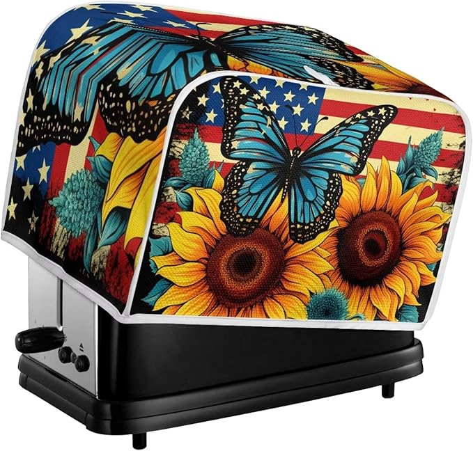 Sunflower Butterfly Print Toaster Cover 2 Slice American Flag Small Kitchen Appliance Cover, Washable Oven Protector Anti-dust Bread Maker Protector
