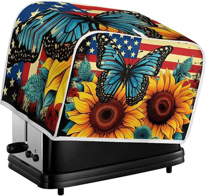 Sunflower Butterfly Print Toaster Cover 2 Slice American Flag Small Kitchen Appliance Cover, Washable Oven Protector Anti-dust Bread Maker Protector