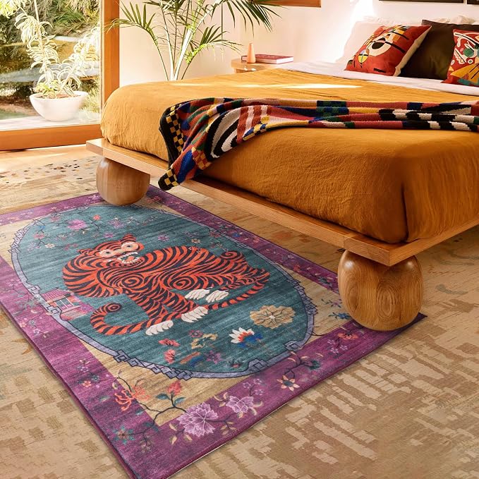 Tiger Rug Washable 3x5 ft Oriental Traditional Animal Print Vintage Fuchsia - Image 4