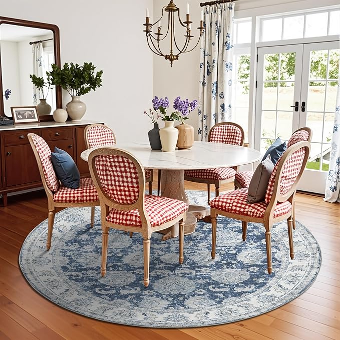 jinchan Fiora Round Rug 8ft Area Rug - Dark Blue Vintage Floor Mat Indoor Ultra-Thin Soft Floral Print - Washable Circle 8' Retro Accent for Farmhouse Non Slip Dining Room Living Room Bedroom Office