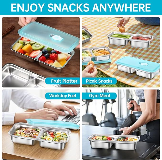 4 Pack Stainless Steel Snack Containers Reusable, Grab and Go 2 Compartment - Image 3
