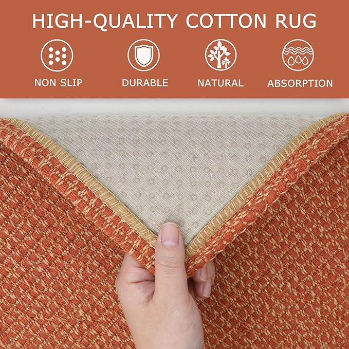 KOZYFLY Long Runners for Hallways 3x12 ft Washable Kitchen Runner Non Slip Rubber Backed Hallway Rugs Cotton Entryway Runner Rug Floor Carpet for Indoor Hall, Backdoor, Kitchen, Orange/Tan
