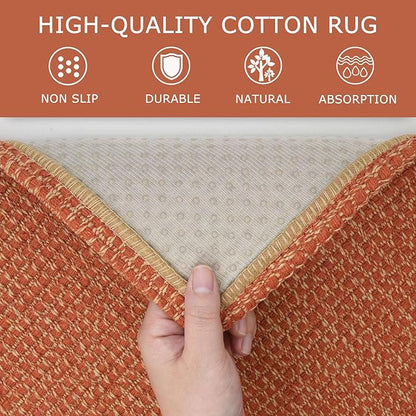 KOZYFLY Long Runners for Hallways 3x12 ft Washable Kitchen Runner Non Slip Rubber Backed Hallway Rugs Cotton Entryway Runner Rug Floor Carpet for Indoor Hall, Backdoor, Kitchen, Orange/Tan