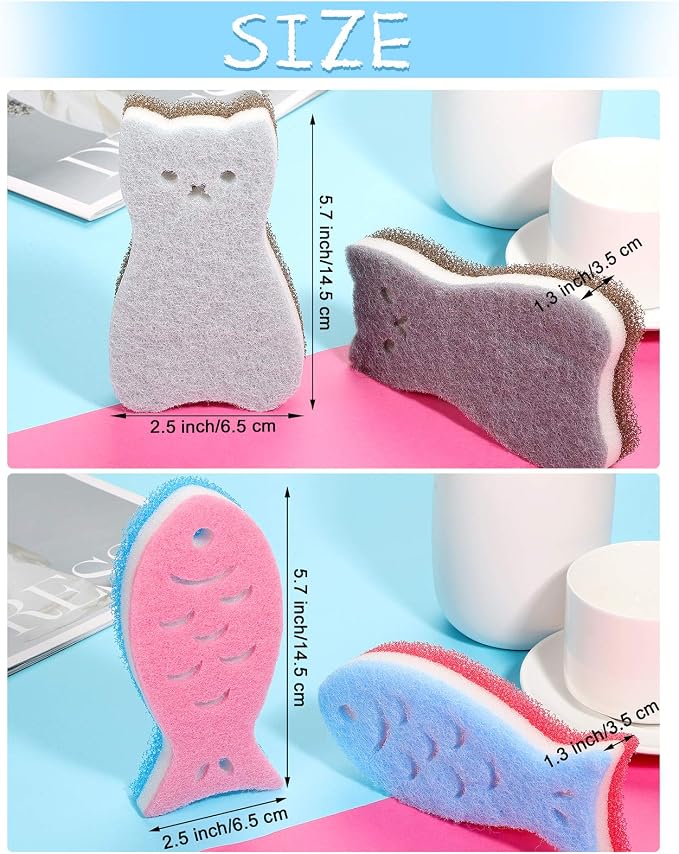 8 Pieces Kitchen Scrub Sponges Cat Fish Cleaning Sponge Dishwashing Scrubber - Image 2