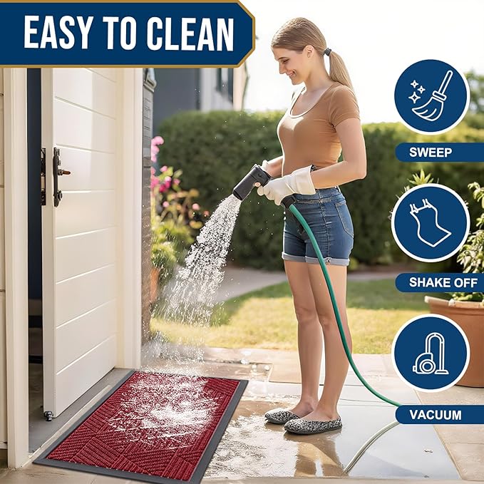 Smiry Front Door Mat Outside Entrance, Heavy Duty Sturdy Natural Rubber Doormat, Trap Dirt and Moisture, Easy Clean Low Profile Mats for Indoor Outdoor Entry, Irregular Triangle (47x24, Wine Red)