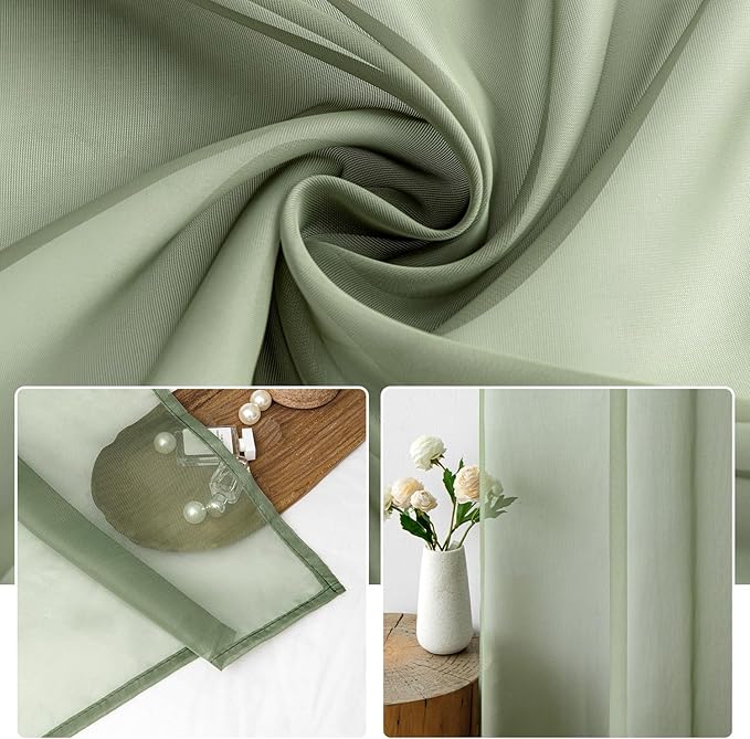 MIULEE 2 Panels Sage Green Sheer Curtains 96 inches Long Window Curtains Rod Pocket Elegant Window Voile Panels/Drapes/Treatment for Bedroom Living Room (54X96 Inches)