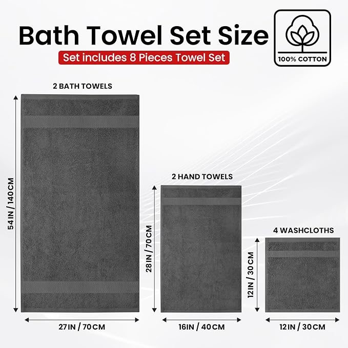 Infinitee Xclusives Luxury 100% Cotton Towel Set – 8 Piece Bathroom Towel Set – - Image 3