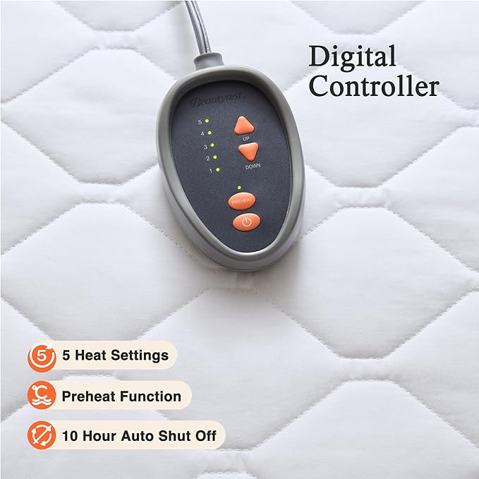 Beautyrest Cotton Blend Heated Mattress Pad Secure Comfort Technology - Luxury Quilted Electric Mattress Pad with Deep Pocket - 5-Setting Heat Controllers, Full, White