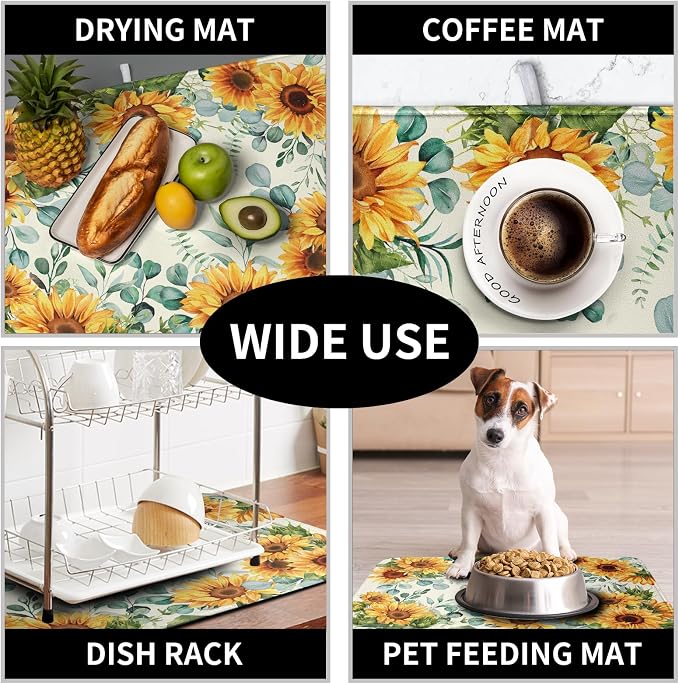 Sunflowers Dish Drying Mat for Kitchen Counter Yellow Flower Green Leaves Dish - Image 7