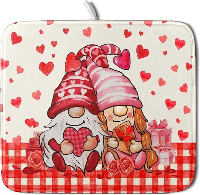Love Gnome Dish Drying Mat 16"x18" Red Heart Microfiber Dish Drainer Rack Mat by Giwawa