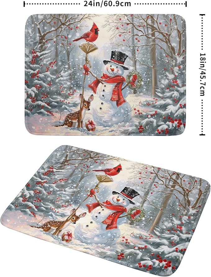 Winter Snowman Dish Drying Mat for Kitchen Counter Red Bird Berry Dishes - Image 2