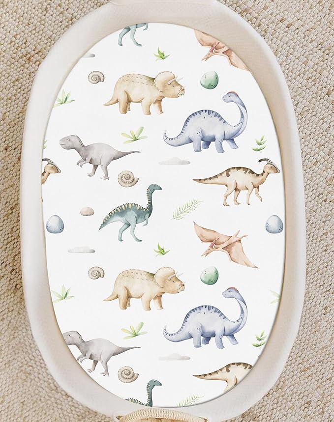Bassinet Sheets for Baby Girls Boys 2 Pack, Fitted Baby Mattress Sheet for Rectangle, Oval, Hourglass Bassinet Mattress, Breathable Cozy & Universal Fit (Dino Pals)