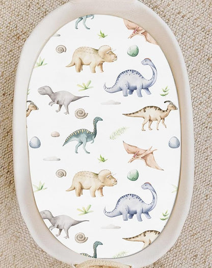 Bassinet Sheets for Baby Girls Boys 2 Pack, Fitted Baby Mattress Sheet for Rectangle, Oval, Hourglass Bassinet Mattress, Breathable Cozy & Universal Fit (Dino Pals)