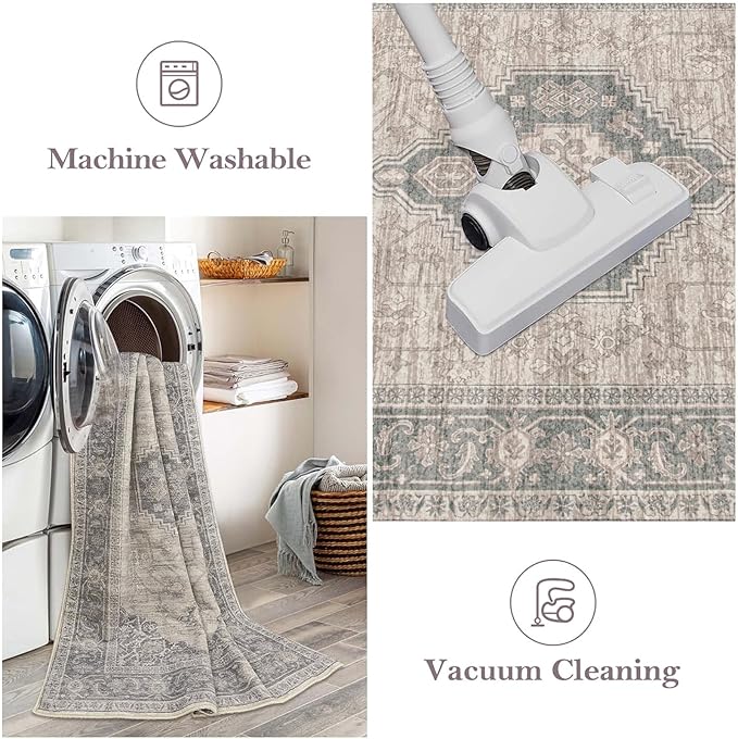 Lahome Oriental Kitchen Runner Rug Non Slip, 2x5 Washable Hallway Runner with Rubber Backing, Vintage Hallway Rug Ultra-Thin Soft Carpet for Bedroom Bathroom, Grey/Brown