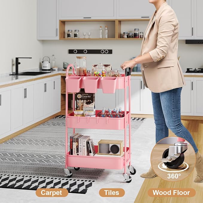 3 Tier Metal Rolling Cart with Lockable Wheels and Handle, Three Tiered Pink - Image 3