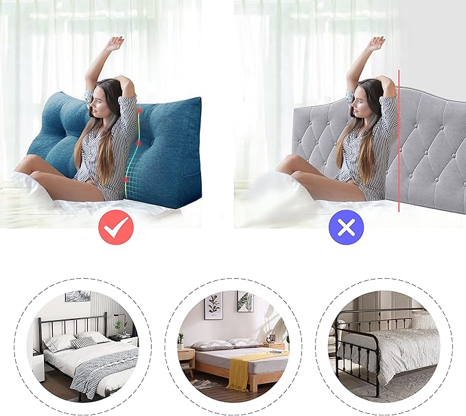 Wedge Headboard Pillow Dorm Room Reading Pillow Back Support for Sitting Up in Bed Bolster Lumbar Cushion Body Positioning Bedrest Cotton Linen 54in Blue Full